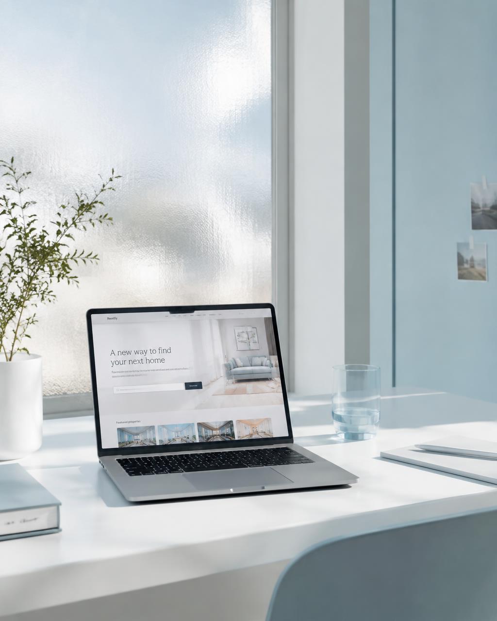 Ljus skandinavisk skrivbordsmiljö med en laptop som visar en modern hemsida